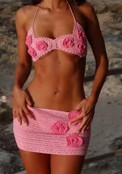 Sexy Knit Floral Bikini Mini Skirt Set