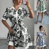 Fashion Slim Waist Printed Belt Short Sleeve Dress