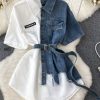 Color Block Turndown Collar Slim Waist A-Line Single Button Denim Shirt Irregular T-Shirt Dress
