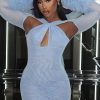 Women's Mesh Cross Hollow Out Long Sleeve Fuzzy Cuff Tight Fitting Bodycon Short Dress