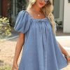 Summer Women's Square Neck Puff Sleeve Denim Short Dress