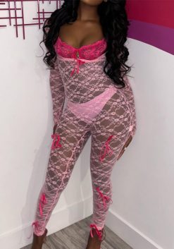 Sexy See-Through Hollow High Waist Jacquard Tight Fitting Long Sleeve Lace Jumpsuit Bra Panty Three-Piece Set