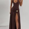 Women's Summer Sexy Halter Neck Lace-Up Low Back Slim Pleated Slit Dress