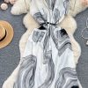 Retro V-Neck Print Dress Women's Summer Tie Slim Waist Loose Shirt Dress