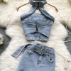 Women's Summer Halter Neck Crop Top Mini Skirt Two-Piece Denim Set