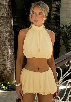 Women's Summer Solid Color Sexy Low Back Halter Neck Crop Top Sexy Short Skirt Set