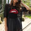 Women's Sexy See-Through Mesh Dress Glitter Lips Embroidery Applique T-Shirt Cover-Up