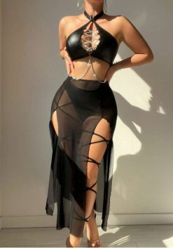 Sexy Black Bodysuit Hollowed Out Lace-Up Patent Leather Halter Neck Underwear