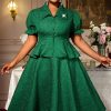 Plus Size Women's Green Jacquard Turndown Collar Button Ruffled Blouse A-line Skirt Two-Piece Set