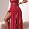 Pearl Embellished Low Back Nightgown Sexy Mesh Side Slit Strap Dress