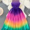 Fashion Chic Sleeveless Round Neck Slim Waist A-Line Rainbow Gradient Chiffon Elegant Long Dress
