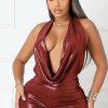 Women's Sexy Halter Neck Back Tie Tight Fitting Shorts Metallic Foil umpsuit