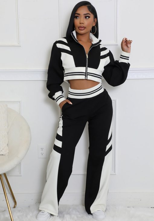 Women autumn and winter high collar zipper Top and Contrast Color trousers Two Piece Set