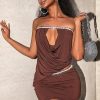 Sexy Solid Color Beaded Slim Fit Strapless Crop Top Bodycon Short Skirt Set
