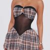 Women's Strapless Low Back Pleated Plaid Patchwork Mesh Dress