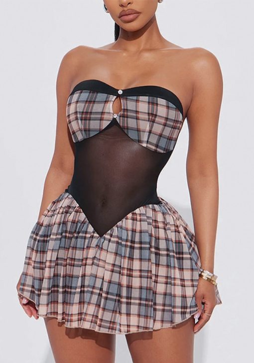 Women's Strapless Low Back Pleated Plaid Patchwork Mesh Dress