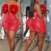 Women Sexy Beaded Pearl V Neck Flower Dress