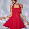 Women's Solid Color Halter Neck Lace-Up Strapless Hollow Patchwork Slim Waist Low Back Cocktail Dress