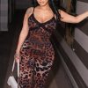 Women's Leopard Print Lace Trim Halter Neck Tight Fitting Jumpsuit